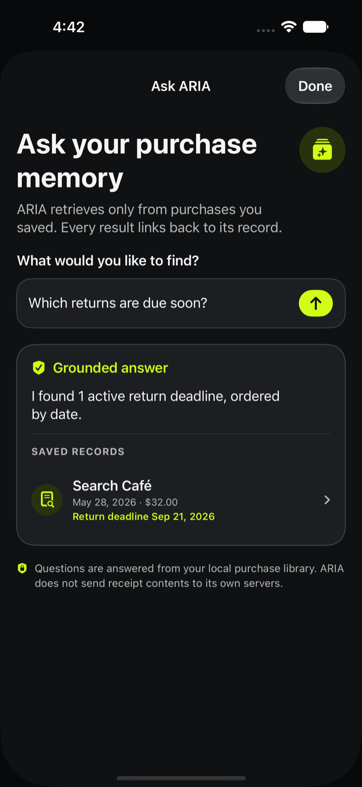 ARIA Scan shows a grounded answer linked to a saved purchase