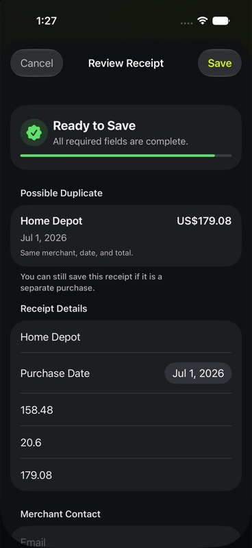 ARIA Scan receipt review screen with editable purchase details