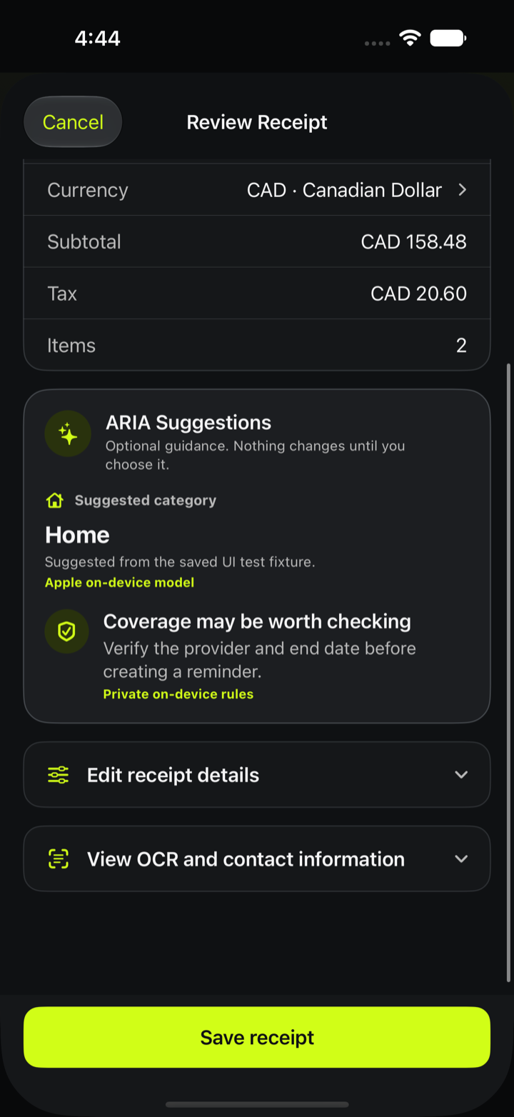 ARIA Scan review screen with optional category and warranty guidance