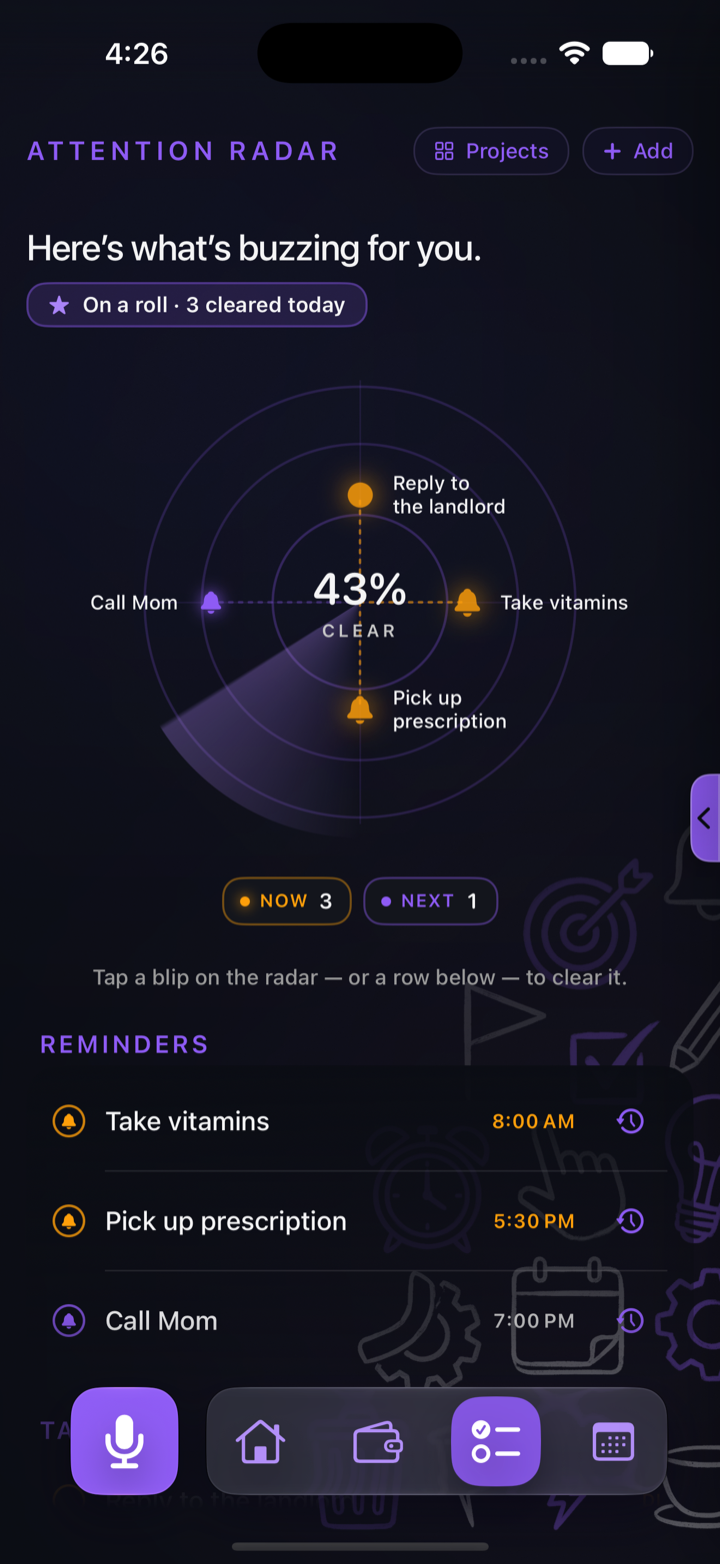 ARIA tasks view showing Attention Radar and reminders