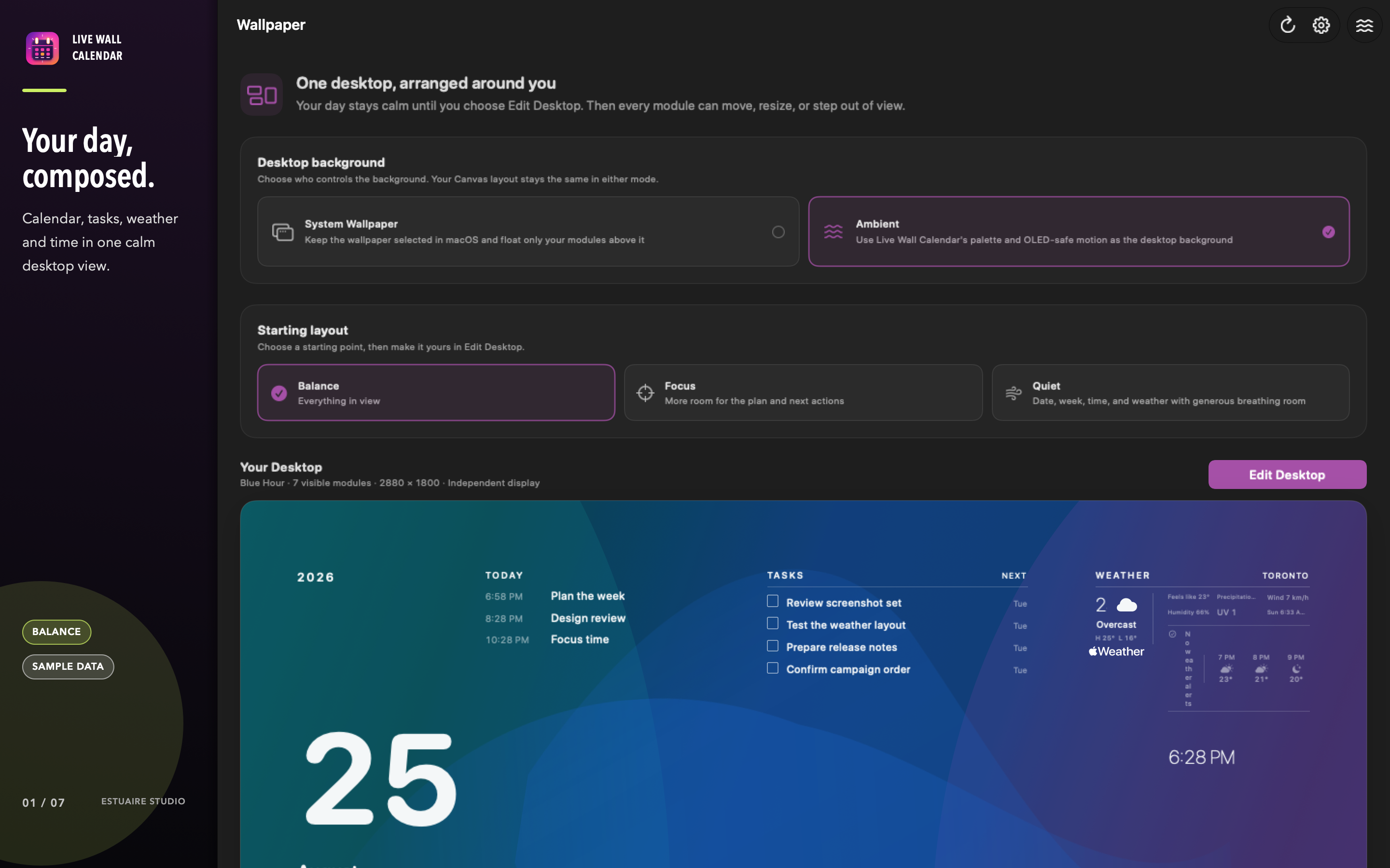Live Wall Calendar showing a privacy-safe desktop sample with date, calendar, tasks, time, weather, and agenda modules