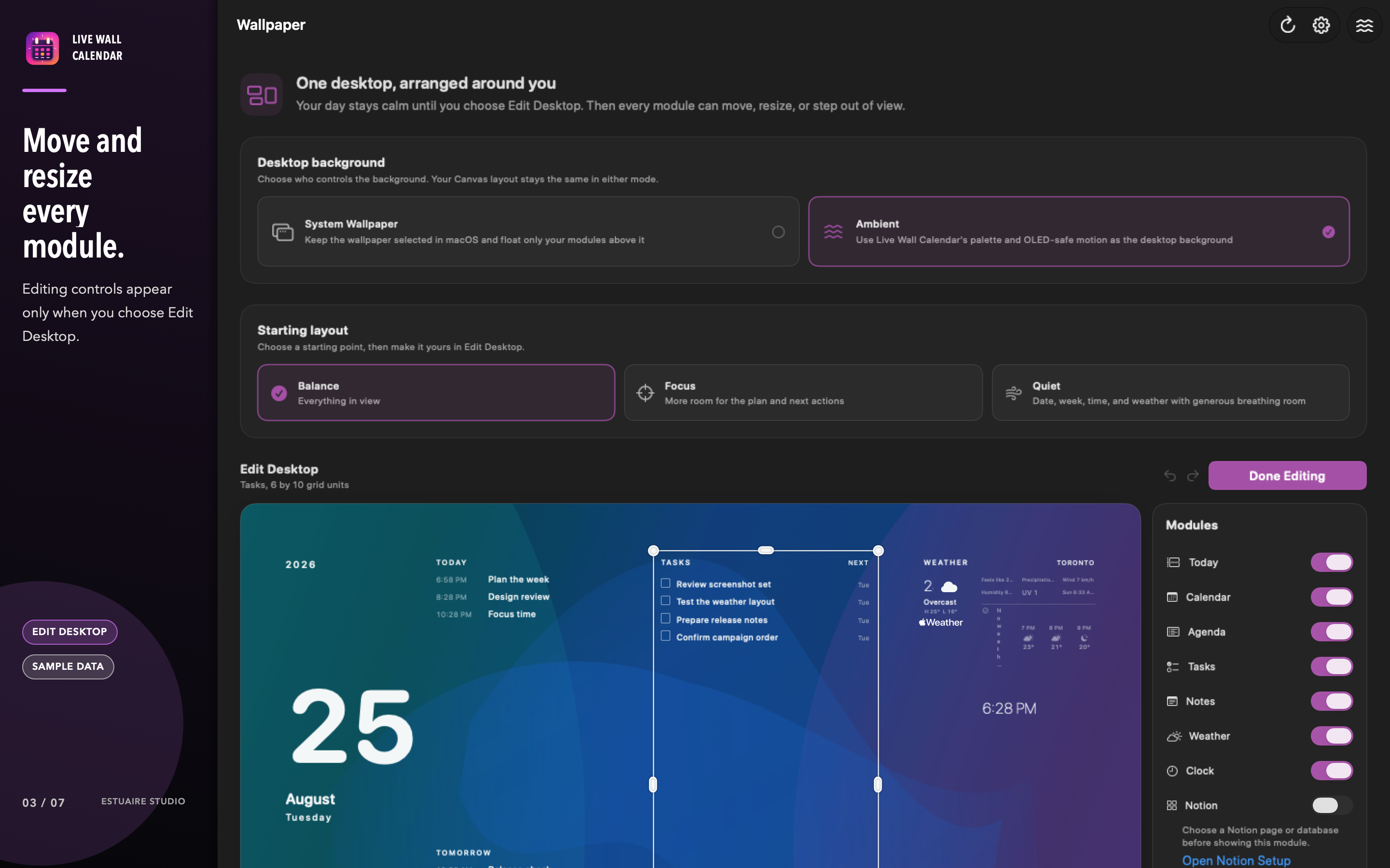 Live Wall Calendar Edit Desktop mode with a selected module, eight resize handles, module visibility switches, and move and resize controls