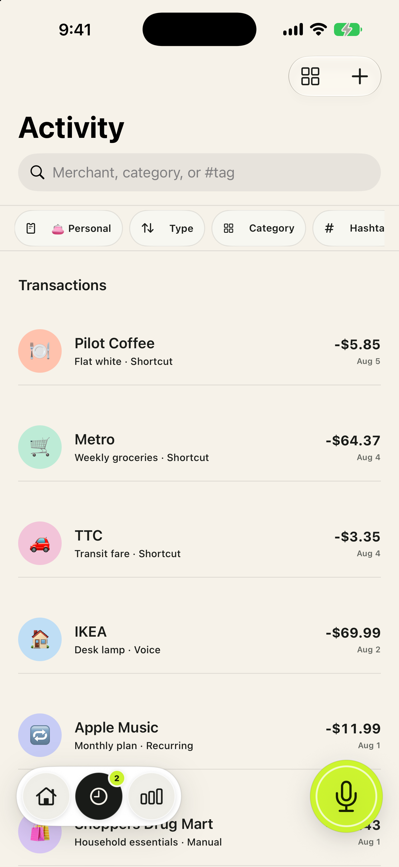 Neole activity screen with populated transactions